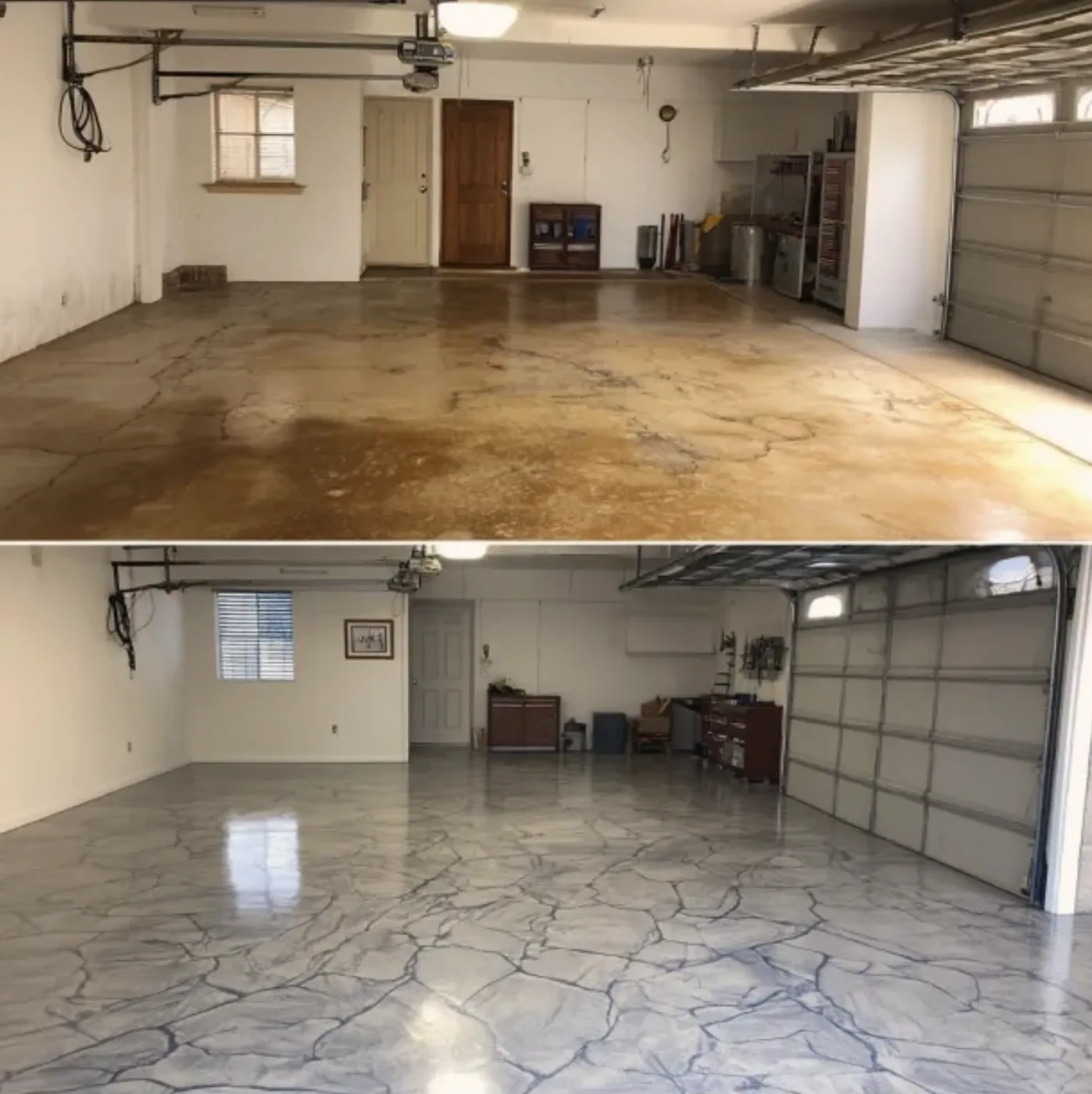 Before and after epoxy garage floor coating in Northern Kentucky — stained concrete transformed to metallic epoxy finish